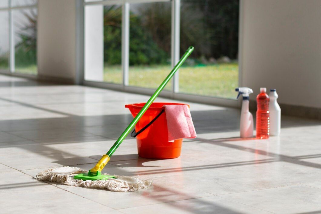 Professional floor cleaning with mop and bucket on a tiled floor in Ghana