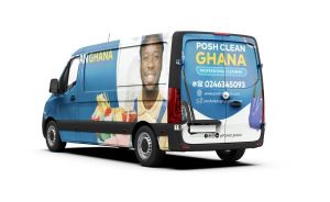 The branded Posh Clean Services van used for jobs across Accra