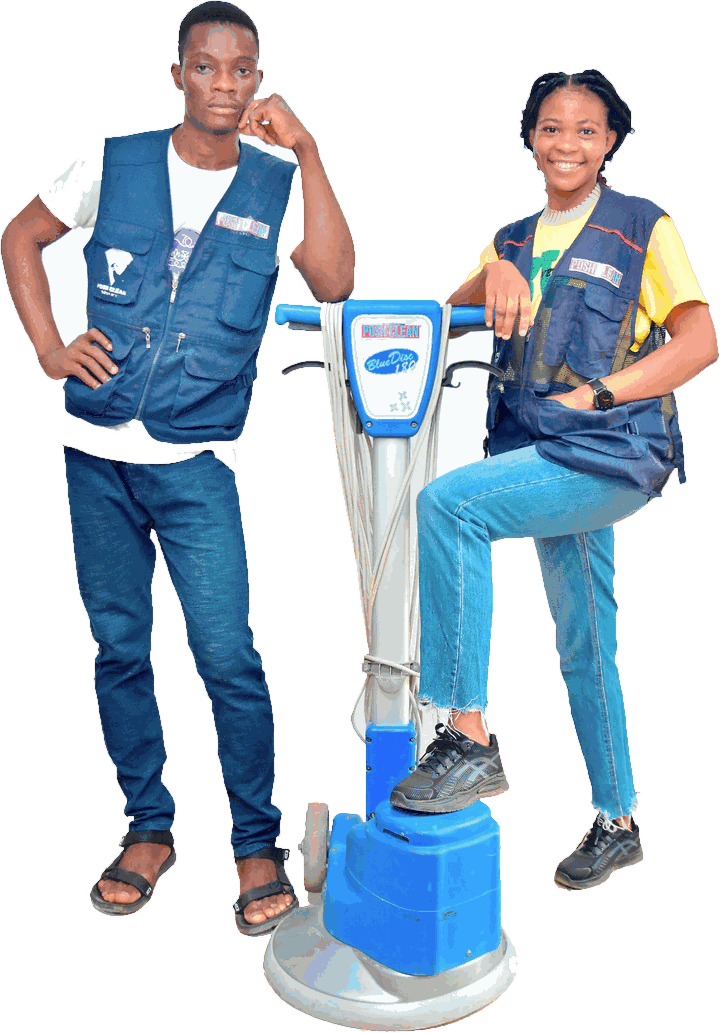 Two uniformed Posh Clean cleaners with a professional rotary floor scrubbing machine