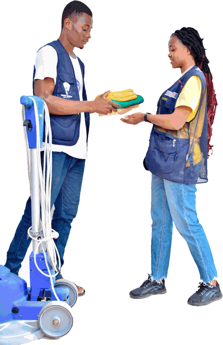 Posh Clean crew members handing over equipment on site