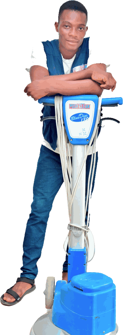Posh Clean technician with a professional rotary floor scrubbing machine