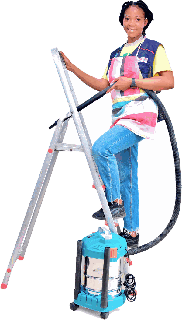 Posh Clean technician on a ladder with a professional vacuum unit
